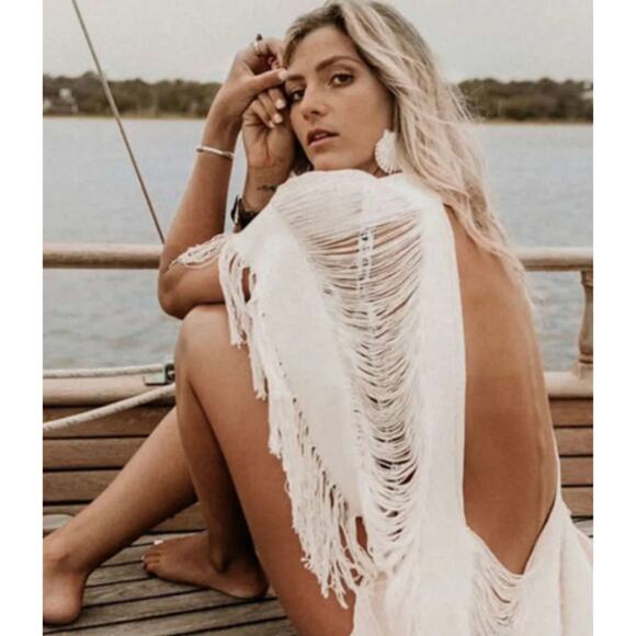 Beach Boho Sheer Knit Swimsuit Cover Up Lightweight Fringe Trim - Picture 2 of 10